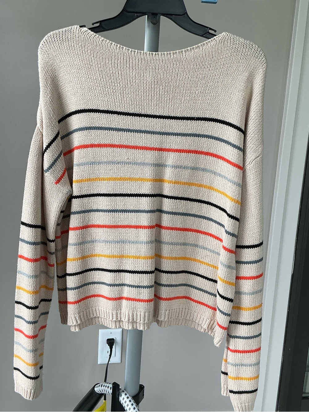 Beige Striped Crewneck Sweater with Multicolor Accents